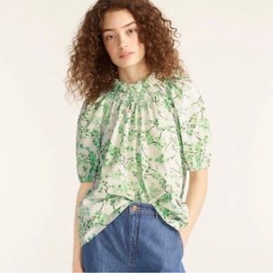 J. Crew SMOCKED NECK PUFF-SLEEVE TOP IN LIME CHERRY BLOSSOMS Size 16